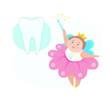 Gülümseyen diş perisi ve diş uçan ile şirin illüstrasyon. Çocuk diş hekimliği sanat kavramında karikatür düz stil vektör