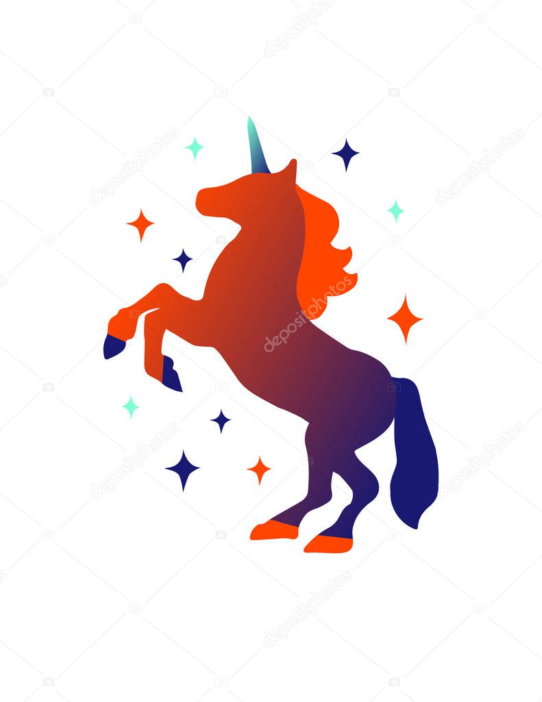 Cute unicorn rearing up silhouette gradient in colors of the year 2020 isolated on white background. Cartoon magic concept. Stock vector illustration for logo, t-shirt print, kids room poster, sticker