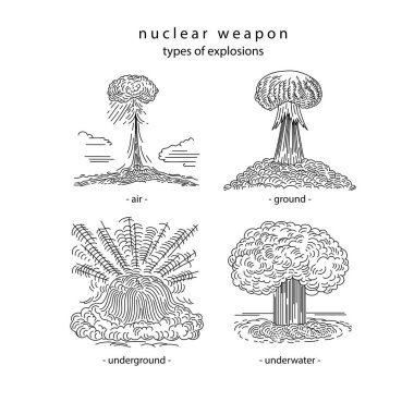 Nükleer silah, patlamalar. Beyaz arka planda izole edilmiş grafik silueti. Stock vektör illüstrasyonu. Klasik tarzda bombaların bilim felaketi kavramı. El çizimi set