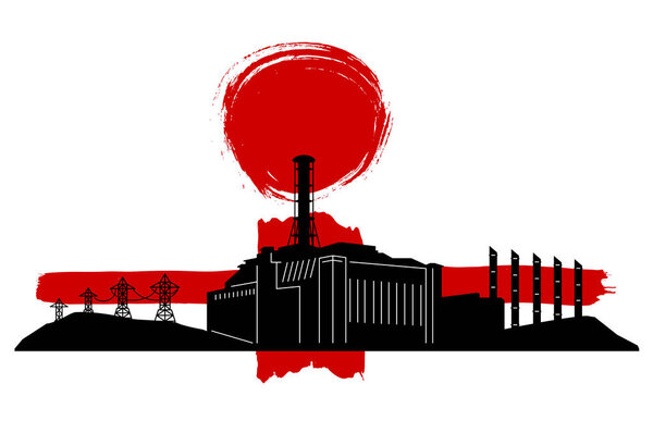 Black and red silhouette of Chernobyl nuclear power plant in moment disaster, isolated on white background. Date April 26, 1986. Monochrome design concept. Place for text. Stock vector illustration