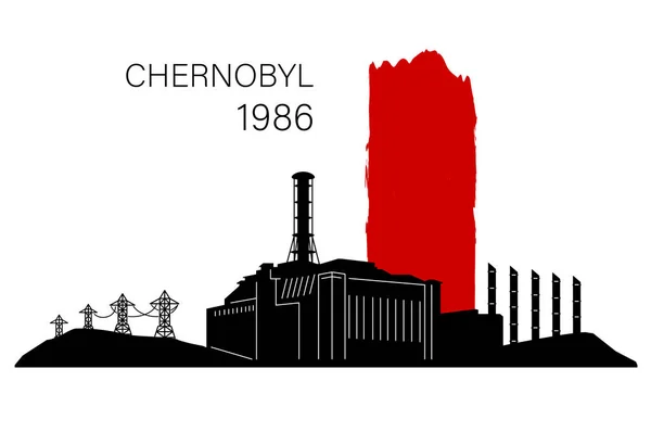 Silueta Negra Roja Central Nuclear Chernobyl Momento Desastre Aislada Sobre Vector De Stock