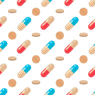 Kırmızı ve mavi kapsül hapları ve beyaz arka planda izole edilmiş tabletlerle kusursuz desen. Tıbbi ve sağlık tasarım konsepti düz stil olarak. Grafik karikatür arkaplanı. Stok vektör illüstrasyonu