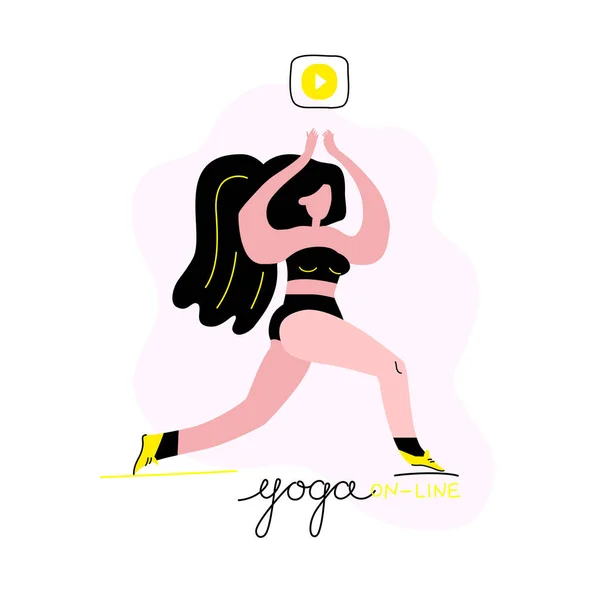 Ευρωπαϊκή Νεαρή Κοπέλα Στάση Γιόγκα Play Button Overhead Yoga Line — Διανυσματικό Αρχείο