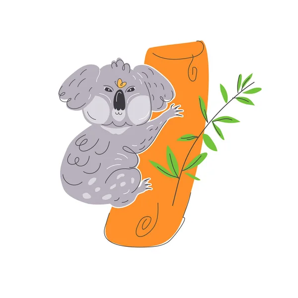 Netter Handgezeichneter Koalabär Und Schmetterling Auf Dem Eukalyptusbaum Lustige Cartoon — Stockvektor