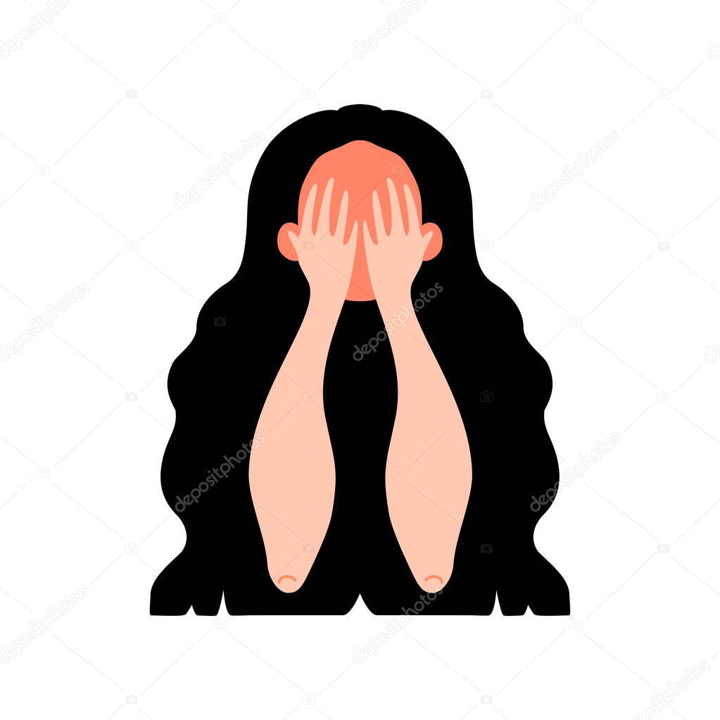 Cute young girl head, covering face with hands while crying. Sad expression. Cartoon character isolated on white background. Concept of social phobia, depression, lifestyle. Trying to be anonymous