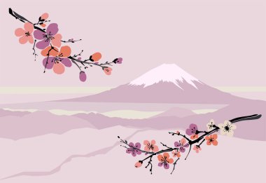  Japonya 'daki Dağ Tepeleri' nin manzarası ve Sakura dalı. Fuji Dağı 'nın panoramik pembe gün batımı manzarası. Güzellik baharı geçmişi. Japon kiraz çiçeği. Çiçek açan elma çiçekleri. Stok vektör illüstrasyonu