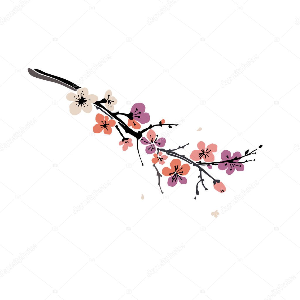Beautiful sakura tree branch isolated on white background. Tenderness spring background. Japanese cherry blossom. Blooming apple flowers. Wedding card with text place. Stock vector illustration