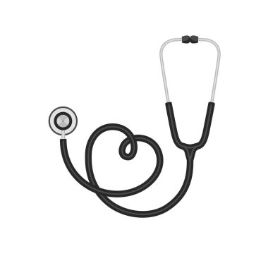 Kalp şeklinde steteskop. Siyah simge beyaz arkaplanda izole edildi. Stock vektör illüstrasyonu COVID-19 Coronavirus salgını konseptini desteklemek ve korumak için kullanılabilir.
