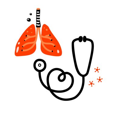 Siyah steteskop ve kırmızı insan akciğerleri. Doodle simgesi beyaz arkaplanda izole edildi. Stock vektör illüstrasyonu COVID-19 Coronavirus salgını konseptini desteklemek ve korumak için kullanılabilir.