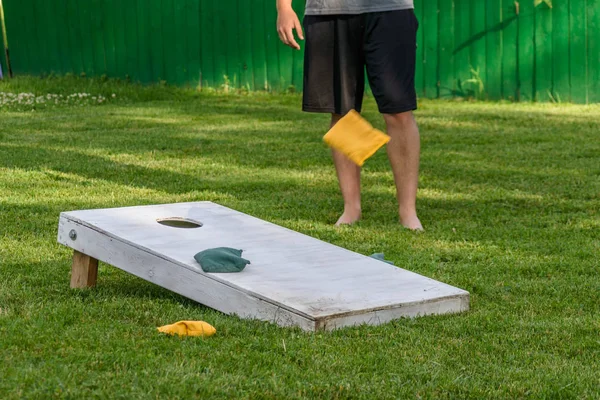 Jongens tassen spel buiten in de achtertuin — Stockfoto