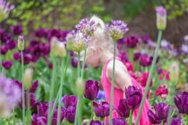 Küçük kız botanik bahçesindeki çiçekleri kokluyor.