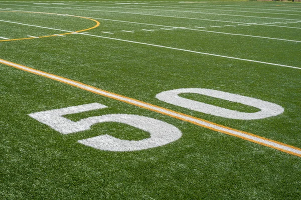 view of fifty yard line from sideline of football field