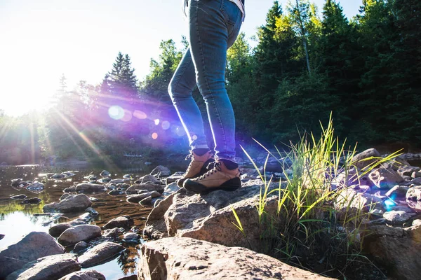 person about to cross forest stream on stepping stones in bright sunlight