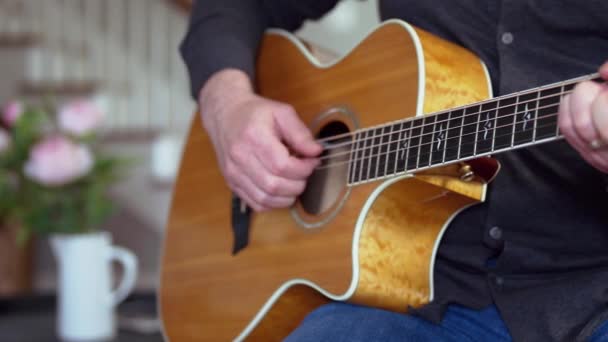 Middle Age Man Renewing Interest Hobby Playing Guitar — Stock Video