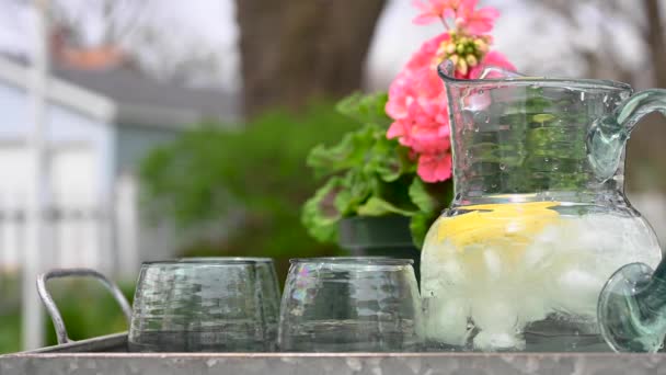 Ice Cold Pitcher Lemon Water Tray Outdoors Spring — Stock Video