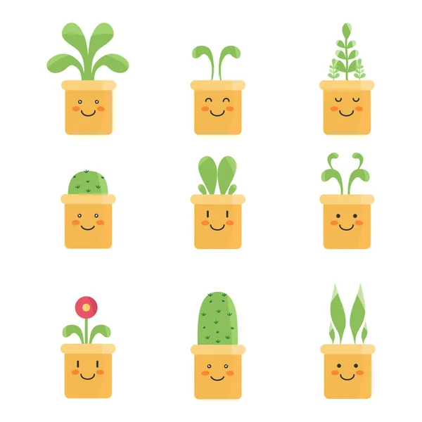 Plantas com faces na panela em design plano —  Vetores de Stock