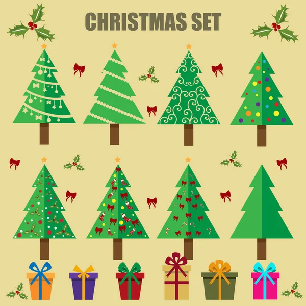 Christmas decorated trees and gifts set. — Stock Vector