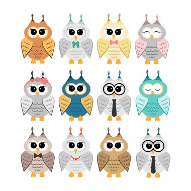 Baykuşlar kümesi. Vektör baykuşlar, farklı karakterler. Sevimli baykuşlar. 