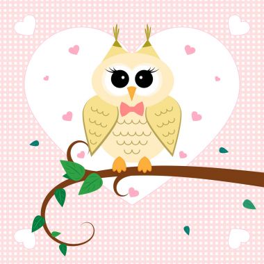 Baykuş dalı aşık. Bırak, havada kalpleri ile ağacı. Vektör çizim.