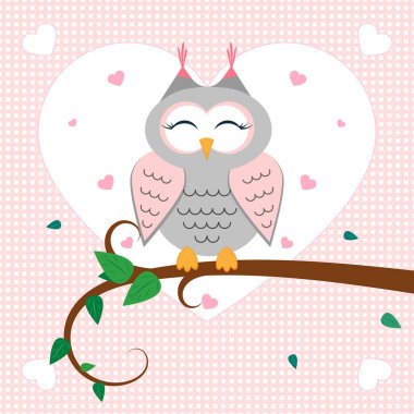 Baykuş dalı aşık. Bırak, havada kalpleri ile ağacı. Vektör çizim.