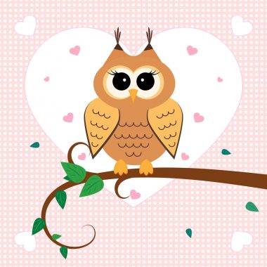 Baykuş dalı aşık. Bırak, havada kalpleri ile ağacı. Vektör çizim.