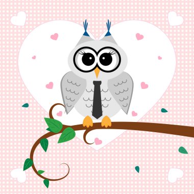 Baykuş dalı aşık. Bırak, havada kalpleri ile ağacı. Vektör çizim.