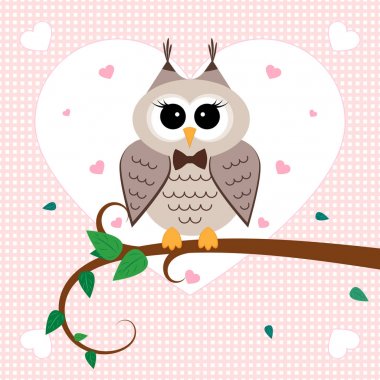 Baykuş dalı aşık. Bırak, havada kalpleri ile ağacı. Vektör çizim.