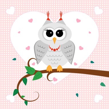 Baykuş dalı aşık. Bırak, havada kalpleri ile ağacı. Vektör çizim.