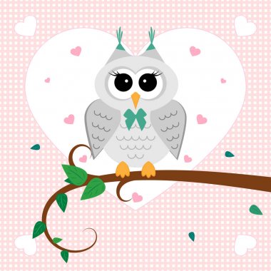 Baykuş dalı aşık. Bırak, havada kalpleri ile ağacı. Vektör çizim.