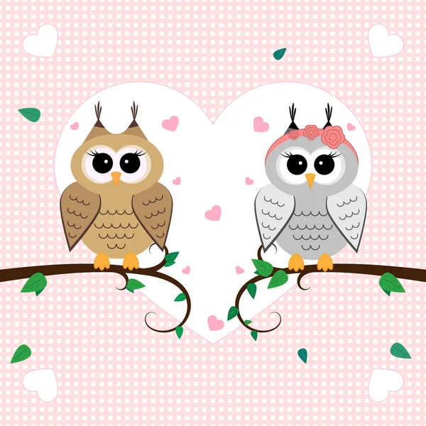 Owls Pair Sitting Branch Vector Illustration Owls Love — Stock Vector