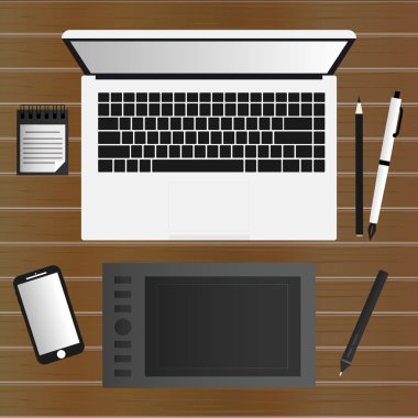 İşyeri vektör. Telefon, laptop, notlar, kalemler, grafik tablet. Ahşap masa. İş geçmişi.