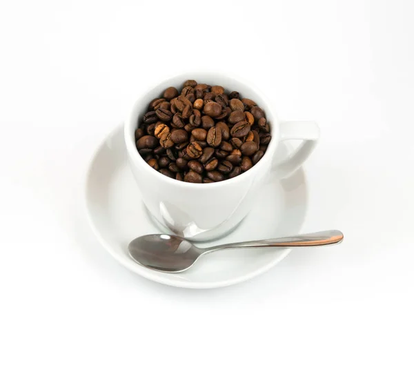 Close Coffee Cup Coffee Beans Silver Spoon White Background — Stock Photo, Image