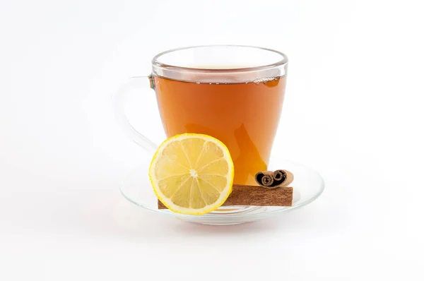 Чашка Чая Лимоном Корицей Белом Фоне — стоковое фото