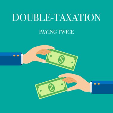 Çifte vergilendirme ve iki kez ödeme kavramı. Para ile el. Vektör çizim.
