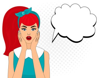 Pop art comic stili sürpriz kadınla konuşma balonu, pin up kız portre, vektör çizim.