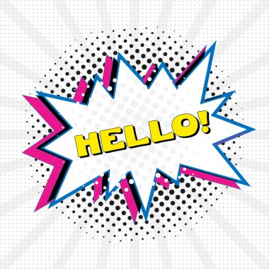 Merhaba, ses efekti renk ifade vektör çizim bulutu metinle komik konuşma balonu.