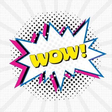 Komik konuşma balonu metinle Wow, renk ifade vektör çizim bulutu ses efekti.