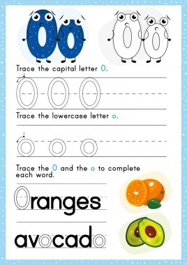 Alfabe izleme çalışma: Yazma A-Z. Çocuklar için egzersizler. A4 kağıt yazdırmaya hazır.