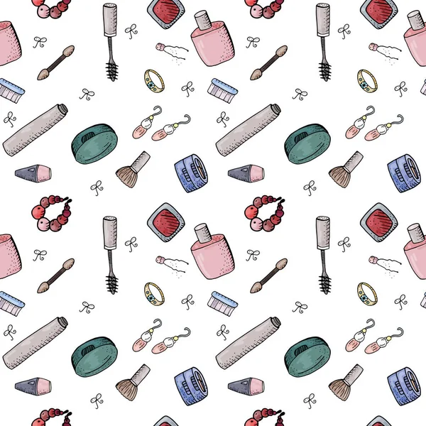 Seamless pattern with cosmetics, makeup. Endless texture with  fashion theme.