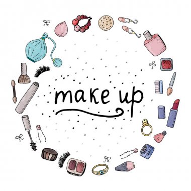 Moda şirin olun aletler, kozmetik daire şeklinde düzenlenmiştir. El yazısı ifade makyaj. 