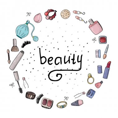 Moda şirin olun aletler, kozmetik daire şeklinde düzenlenmiştir. El yazısı ifade Güzellik. 