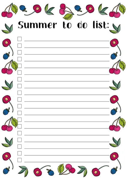 夏天做名单 樱桃和蓝莓与叶子 可打印的页 — 图库矢量图片