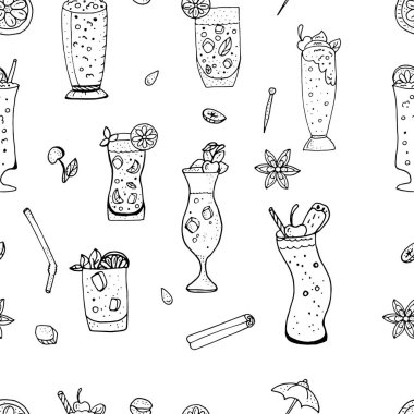 Soğuk yaz içecekler ile Seamless modeli. Siyah ve beyaz kontur tek renkli.