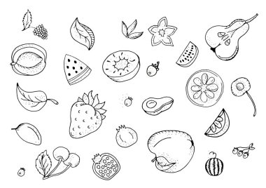 Meyve ayarlayın. Siyah ve beyaz kontur tek renkli.