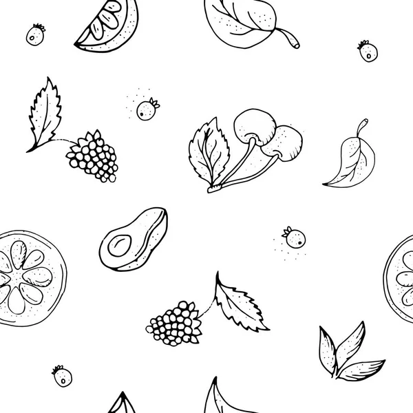 Frutta Senza Cuciture Pattern Black Bianco Contorno Monocromatico — Vettoriale Stock
