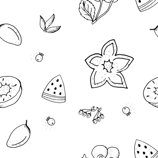 水果无缝图案 黑白轮廓单色 — 图库矢量图片
