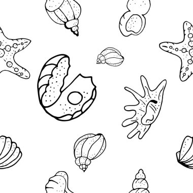 Yaz Dikişsiz desen. Sonsuz doku yaz tema ile. Beyaz üzerine siyah beyaz tek renkli.