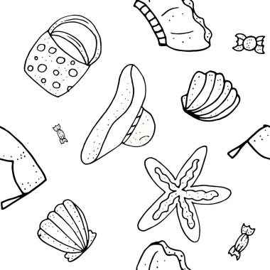 Yaz Dikişsiz desen. Sonsuz doku yaz tema ile. Beyaz üzerine siyah beyaz tek renkli. 