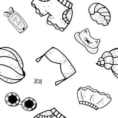 Yaz Dikişsiz desen. Sonsuz doku yaz tema ile. Beyaz üzerine siyah beyaz tek renkli. 