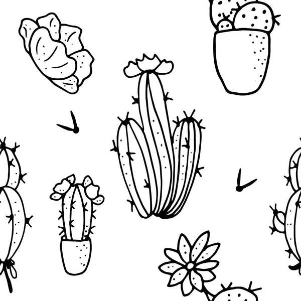 異なる室内多肉植物のシームレスなパターンです 花をテーマにした無限のテクスチャです 白に黒と白のモノクロ — ストックベクタ